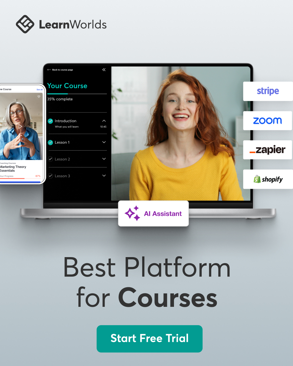 Reproductor de cursos de LearnWorlds con integraciones Stripe, Zoom, Zapier y Shopify